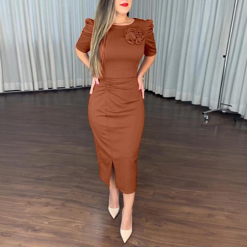 ChicMe 2026 Women's Round Neck Puff Sleeve 3D Flower Decor Bodycon Dress/Women's Ruched Floral Bodycon Dress Valentine's Day Casual Ruched Slit Midi Dress for Wedding Guest & Wedding