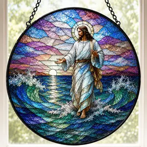 [Made in US] Jesus Stained Glass Suncatcher, Christian Window Hanging with Ocean Waves, Religious Faith Home Decor