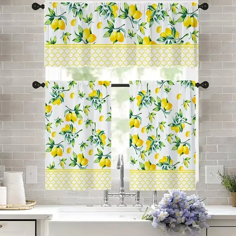 3 pieces of lemon yellow printed decorative curtains, Window Drapes, Home Decorative Curtain, Home Decoration Curtain, made of polyester fiber, with pocket printed curtains and drapes set, suitable for dining room, bedroom, etc.