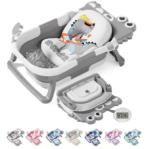 Collapsible Baby Bathtub 0-36 Months with Soft Cushion Real-Time Thermometer Portable Newborn Travel Bath Tub for Infant Toddler