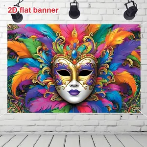 2D flat banner 1pc, carnival party decoration banner, polyester bright feather mask background pattern, suitable for carnival masquerade shooting background Carnival logo banner booth decoration, photo