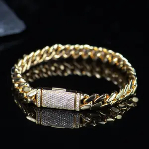 Handmade Colorfast Gold-Plated Cuban Bracelet with Crystal Lock, 8mm Long and 10mm Wide