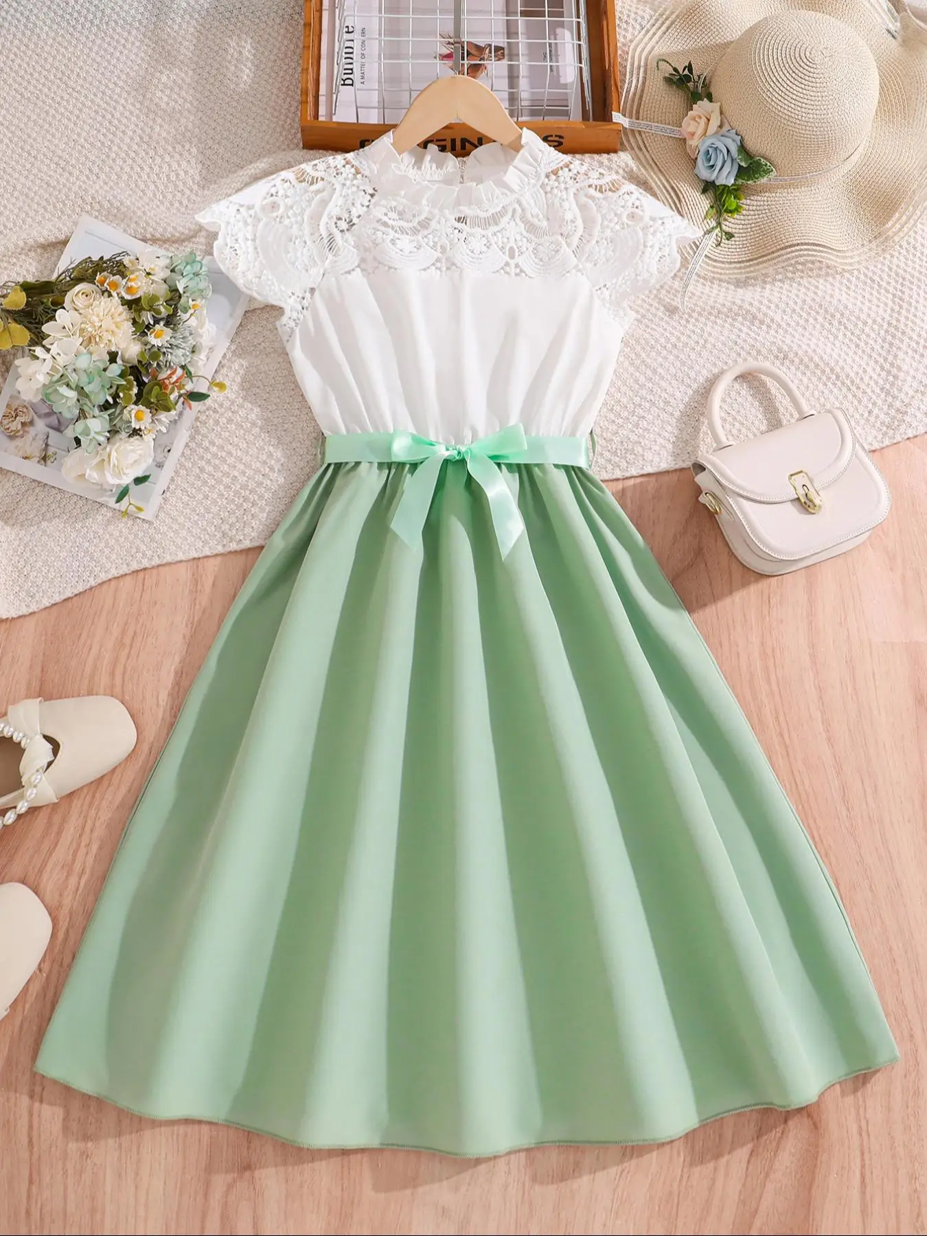 Girl's Colorblock Floral Lace Dress with Belt, Casual Short Sleeve A Line Dress for Summer, Kids Clothes for Daily Wear