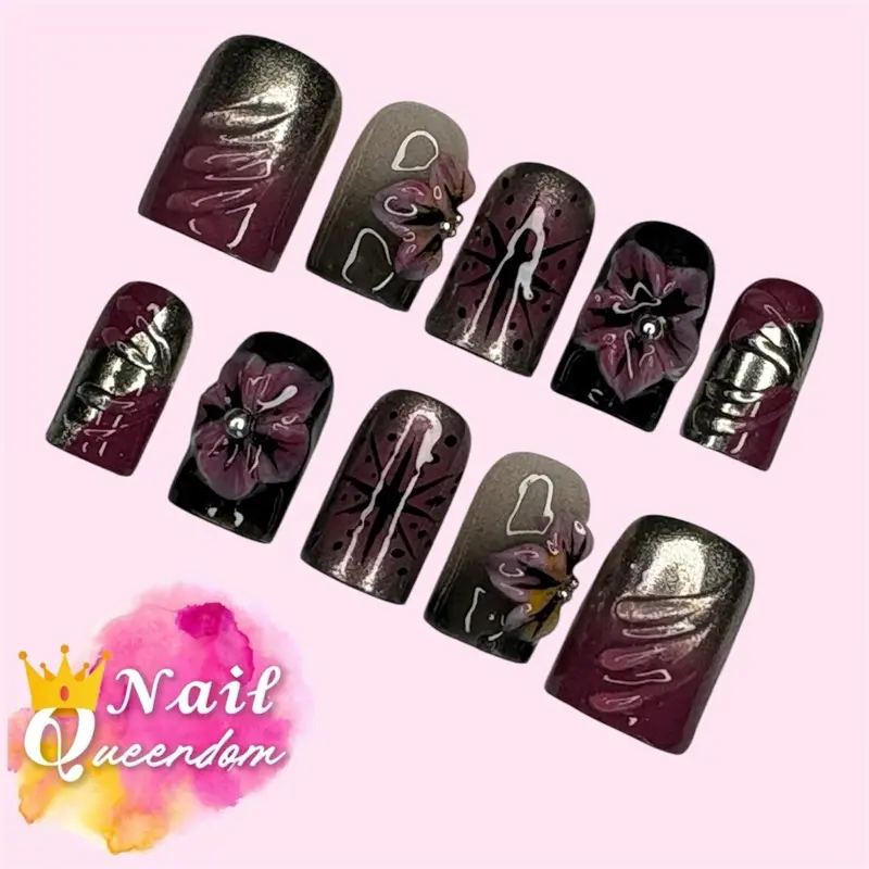 Nail Queendom [OBSIDIAN BLOOM] Handcrafted Press-On Nails Reusables Long Lasting Salon Quality Easy Application 10 Pieces Set Eco-Friendly 3D-gel Finish
