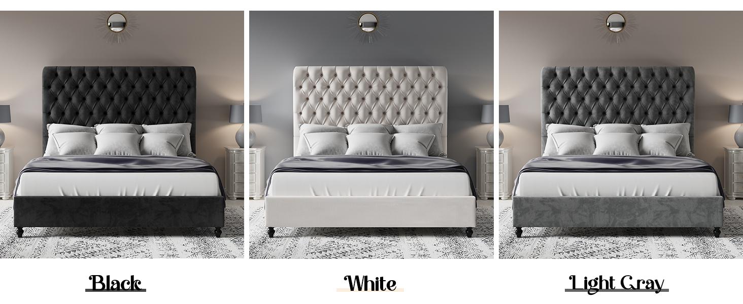 AMERLIFE Bed Frame with Sleigh Headboard, 60" Tall Velvet Upholstered Platform Bed, Handcrafted Deep Diamond Buttons and Double Pleats, No Box Spring Needed/Best Gift Ideas/Christmas Gifts
