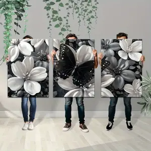 3-Piece Pine Wood Frame Artwork Set - Artistic Butterfly Print, Floral Flower Decoration, Modern Wall Decor for Living Room, Bedroom Home Supplies Posters & Prints