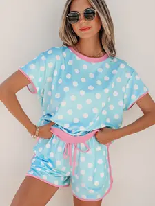 Polka Dot Short Set for Women - Casual Contrast Trim Summer Loungewear