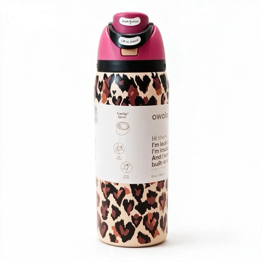 Women's Traditional Owala 30oz Wild At Heart FreeSip Sway Portable Water Bottle, Stylish Leopard Print Double Wall Stainless Steel Insulated Tumbler, Built-In Straw Lid, Leakproof BPA-Free Cylindrical Travel Drinkware