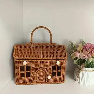 1pc Woven Home Style Storage Basket, Durable Plastic Rattan Container, Rustic Cottage Design, Indoor Outdoor Use, Hidden Lid, for Blankets & Groceries