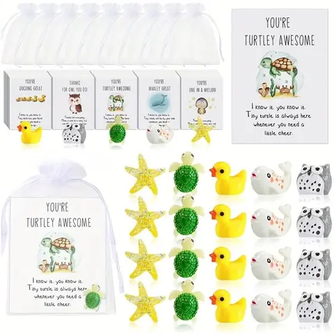 Set of 25Inspirational Pocket Favors -EmployeeAppreciation Gifts Bulk for Coworkers with Animal Pun NoteCards Quality Resin Ducks Stars Whales Turtles Owls FavorsDurable Card-MM