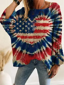 Spring & Summer Off-Shoulder Diamond Cutout Batwing Drop-Shoulder Loose Knit Top. Contrast American Flag & Heart Print Patchwork, Long Sleeve, Bohemian & Vacation Style, Casual Elegant Commute. Cover-up for Vests and Bikinis.