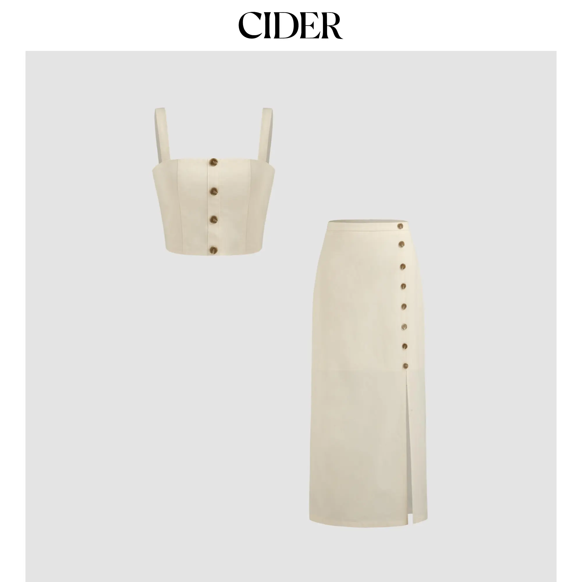 Cider Women's Minimalist 2-Piece Linen Casual Suit - Sleeveless Square Neck Button Crop Top, High Waist Split Maxi Skirt (Sizes XXS, S, 0XL-12/14, 2XL-20/22, 4XL)