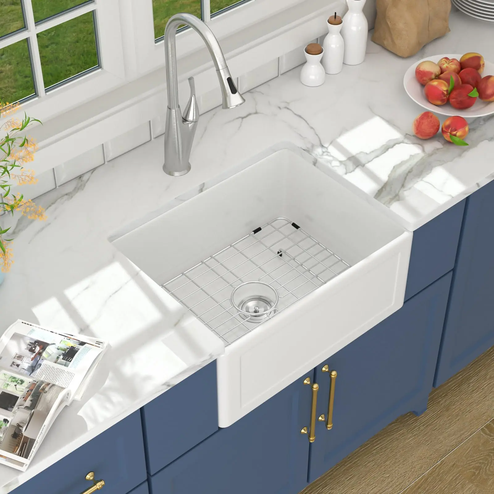 Lordear Farmhouse Sink White 24 Inch Apron Front Flat Fireclay 24X18 Porcelain Ceramic Farmers Single Bowl Farm Sinks Basin Farm House Kitchen Sink 24x18x10 Inch