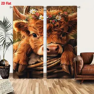2D Flat 2 Piece Fluffy Brown Highland Cow Floral Crown Curtains Home Decoration Curtain for Bedroom, Rustic Wooden Basket Design Cozy Whimsical Curtains with Earthy Grassy/Autumnal Background, Soft Wavy Fur Detail, Large Eyes & Daisies Pattern, Home Decor