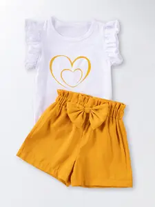 Girls' Summer Fashion Set, Cute Heart Print Top & Short Pants, Bow Two-Piece, Valentine's Day Gift, Regular Fit, Plain Pattern, Shirt, Essentials Set, Outfit
