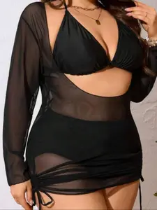 【Plus Size】 Solid Color Swimsuit Set, Long Sleeve Sheer Cover Up Dress & Swim Top & Swim Panty Set, Women's Swimwear for Beach Holiday