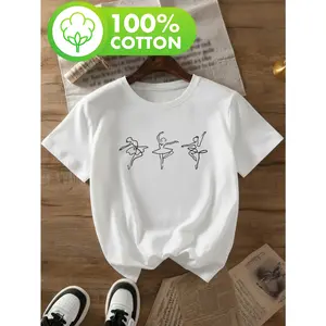 Womens 100 Percent Cotton Short Sleeve Graphic Tee Minimalist Line Art Ballet Dancer Print Soft Breathable Crew Neck Summer Casual Streetwear Top
