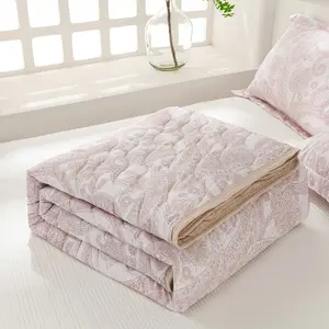 French Vintage Walnut Flower Quilt, Soft Paisley Print, Light Inner, Stitched Craftsmanship