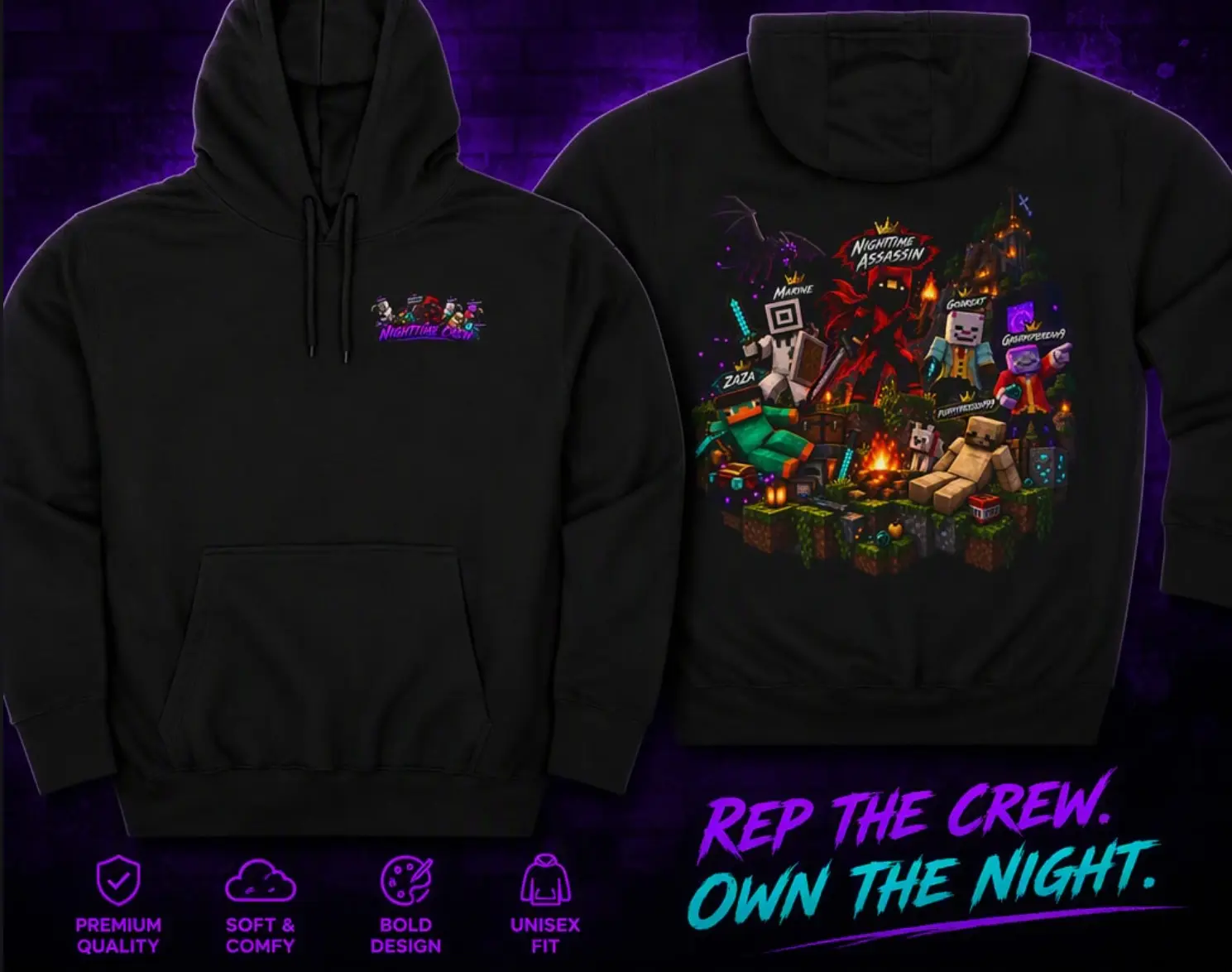 Nighttime Crew Minecraft Character Hoodie — Front & Back Print | Official Nighttime Studios Merch