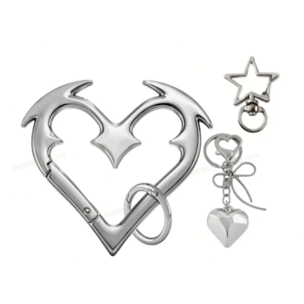 3Pcs Heart & Star Shaped Carabiner Keychain Set, Silver Aesthetic Y2K Key Rings with Secure Clip Charm, Heavy-Duty Bag & Car Key Accessories for Women Men Daily Decor