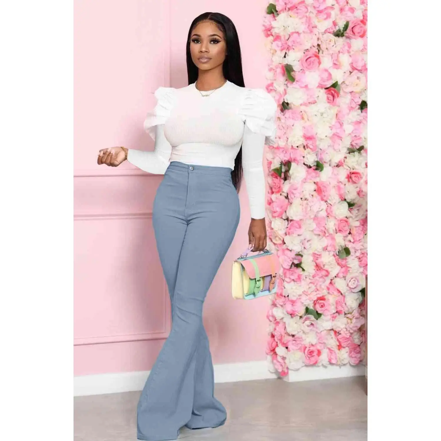 Leg-Of-Mutton Sleeve Top and Flare Pants Set