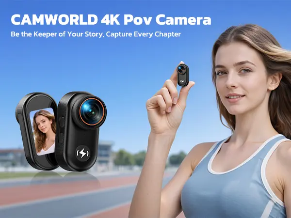 CAMWORLD 4K Mini Body Video Recording Camera - 64GB Micro SD Memory Card, Clip, Lens, Thumb-Action WiFi, 1.47" HD Screen, Magnetic Snap-On Mount, Wearable POV Vlogging Camera for Bikers