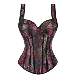 Women’s Gothic Jacquard Lace-Up Corset Tops, Shoulder Strap Corsets, Overbust Bustiers, Shapewear, Purple — 1569-Z2