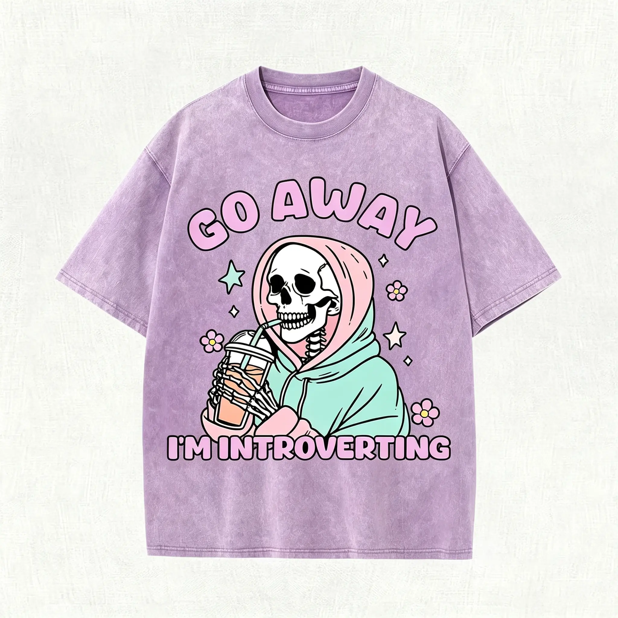 Men's Novelty Introvert Graphic T-Shirt - "Go Away, I'm Having a Social Panic" - Loose-Fit Retro Streetwear Menswear Tops Clothes, Pink & Blue Tones, Casual Daily Wear, Machine-Washable Humorous Design