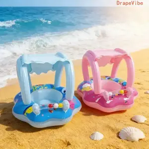 Inflatable Baby Swim Ring With Canopy And Toy Bar, Anti Rollover Design For Safe Water Play