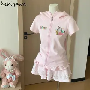 Rabbit Ears Hooded Jackets for Women 2025 Ropa Mujer Preppy Style Summer Y2k Tops Short Sleeve Zipper Cartoon Print Cute Coats