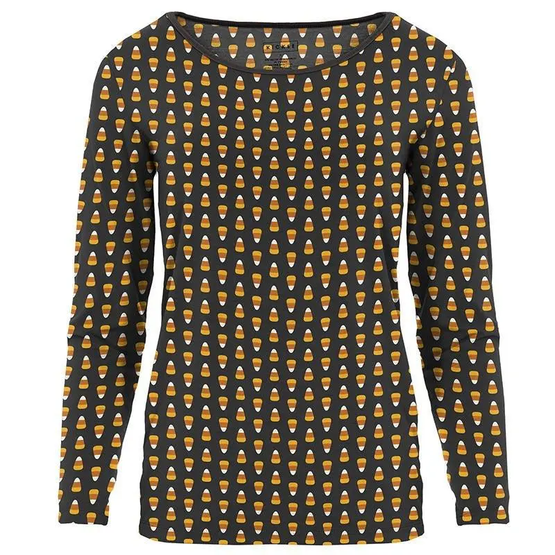 Women's Print Bamboo Long Sleeve Loosey Goosey Tee - Midnight Candy Corn
