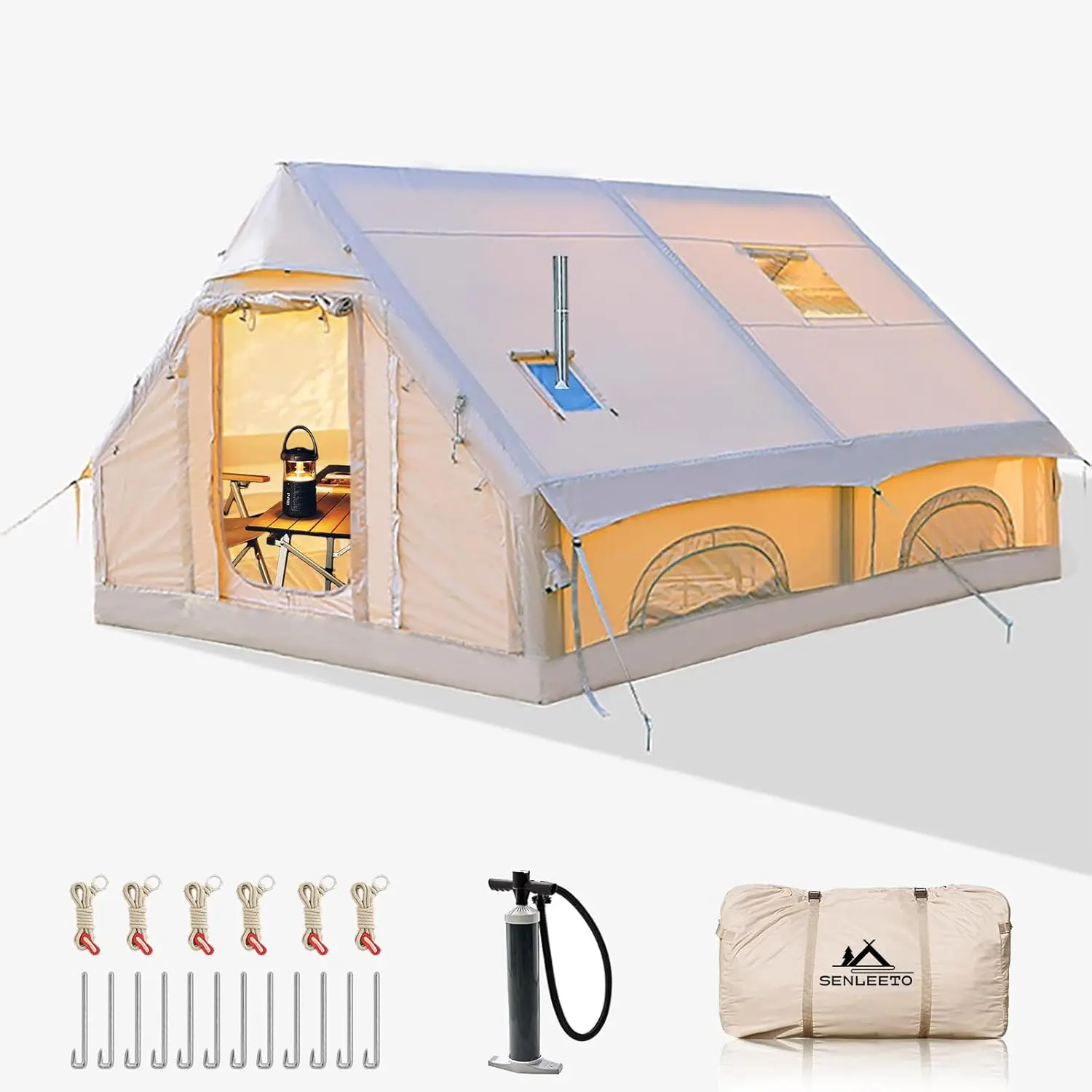 Senleetoo Inflatable Dome Tent - 8-10 Person, 129 Sq Ft Lightweight Portable, 4-Season Windproof Breathable Waterproof, Insect-Proof, Stove Jack, Mesh Windows, Pump, Easy Setup Airbeam Frame, Breathable Waterproof Tent