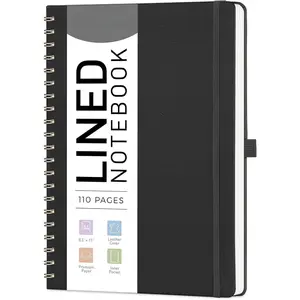 Lined Spiral Notebook 8.5" x 11", A4 Large Notebooks for Women Men, Hardcover Leather Notebook College Ruled, 100 GSM Thick Paper, Notebooks for Work School Note Taking Writing, Black