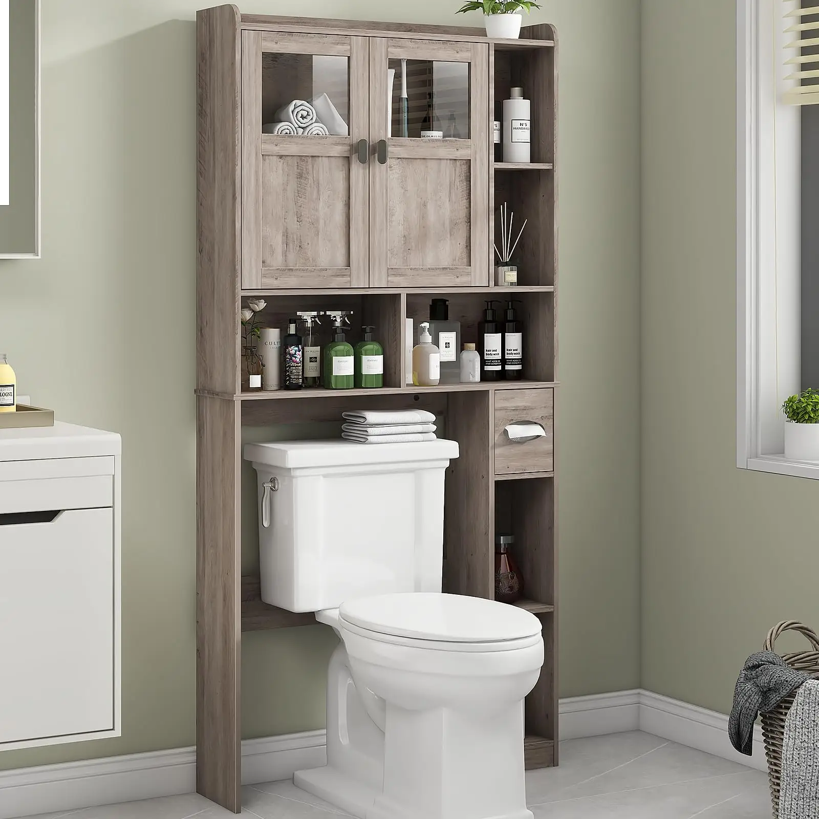 Vabches Over The Toilet Storage Cabinet, Bathroom Shelf Over Toilet with Glass Doors and Adjustable Shelves, Grey Freestanding Home Space Save Toilet