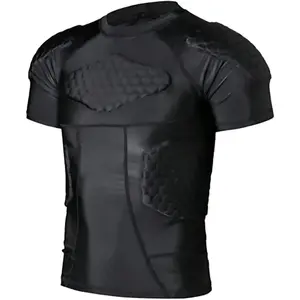 Mens Padded Compression Football Shirt with Rib Chest Protective Pads Gear for Baseball Basketball Paintball
