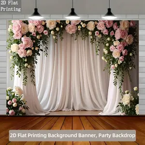 Floral Curtain Backdrop Elegant Wedding Backdrop Soft Flower Background Cloth Romantic Tapestry Wall Hanging Photography Background Polyester Fiber Indoor Outdoor Wedding Party Event Studio Decor Prop Wall Art