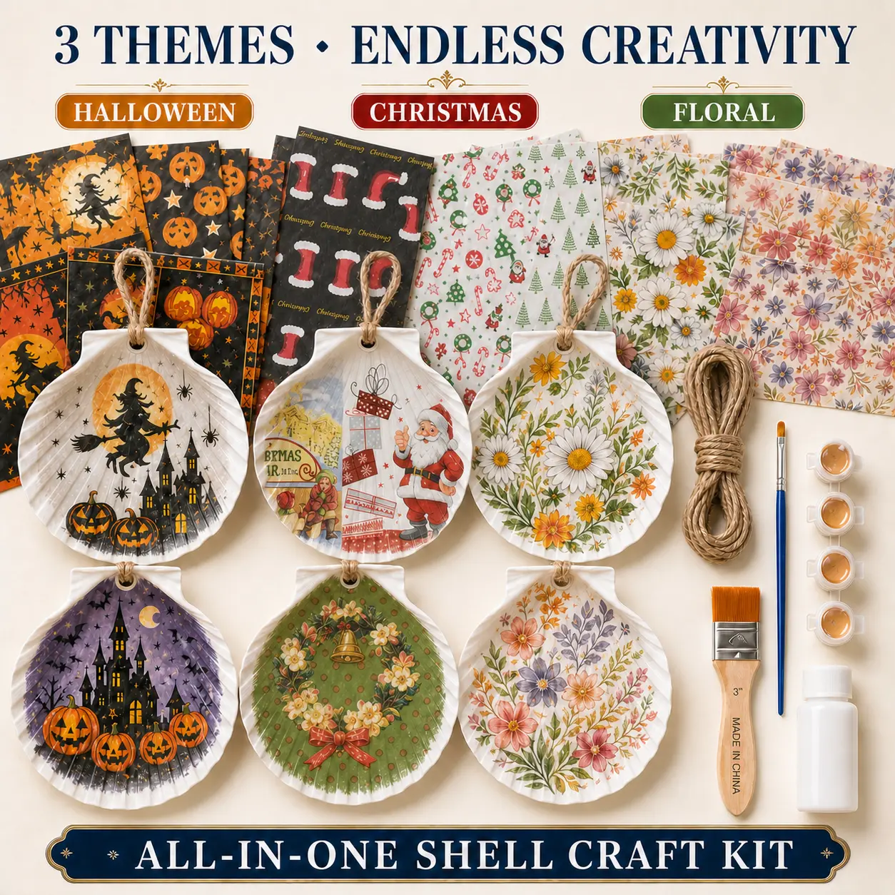 DIY Seashell Craft Kit with  Scallop Shells, Paint & Papers | Halloween, Christmas & Floral Designs, Make Your Own Shell Hanging Ornaments