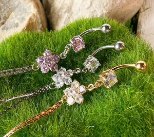 Flower Gem Chain Dangle Belly Ring Navel Naval Clear, Pink