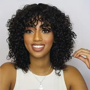 New Fashion HIGHER 10" Curly Human Hair Wig with Bangs - Glueless Short Natural Black Bob Wig for Women & Men, Density, Elegant Curly Wave Style, Rose Net Cap, Perfect for Everyday & Special Occasions, Versatile Hairpiece, Glueless Hairpiece, Curly Textur