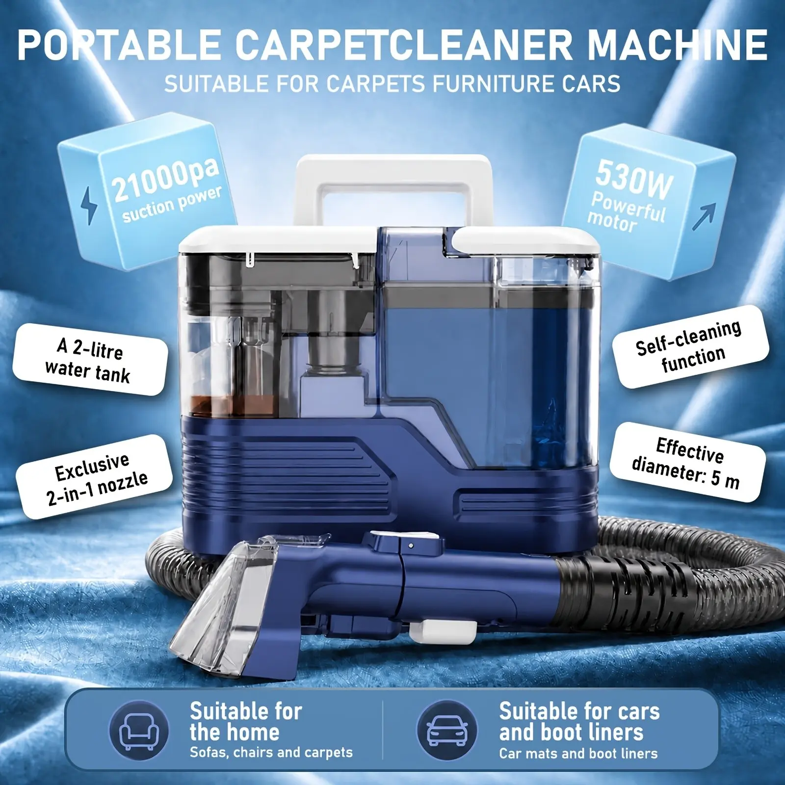 Carpet Cleaner Machine Upholstery - 21KPA 530W Shampooer Couch Cleaning Portable Vacuum Rug Sofa Car Seat Fabric Mattress Pet Spot Extractor for Furniture Water Hand Held Scrubber Small Deep Washer