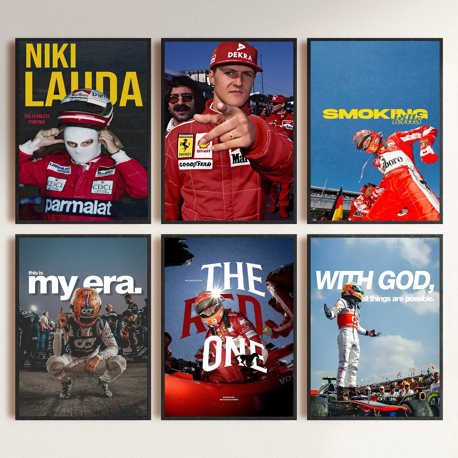 Vintage F1 Car Posters Set of 6, Modern Artistic Racing Canvas Wall Art with Bold Visuals, Colorful Prints for Man Cave, Bedroom, Office Room Decor, Home Decor Gift, Man Cave Decor, Unisex