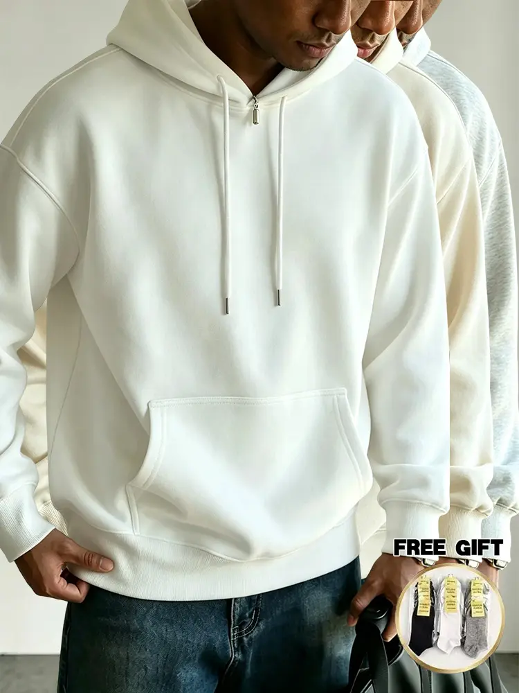 3PCS Men’s Lightweight Basic Solid Color Hooded Pullover Sweatshirt, Kangaroo Pocket Design, Comfortable and Breathable, Suitable for Daily Cycling, Basketball, Streetwear, White, Cream, Gray Men’s Fashion Hoodie, Socks Included
