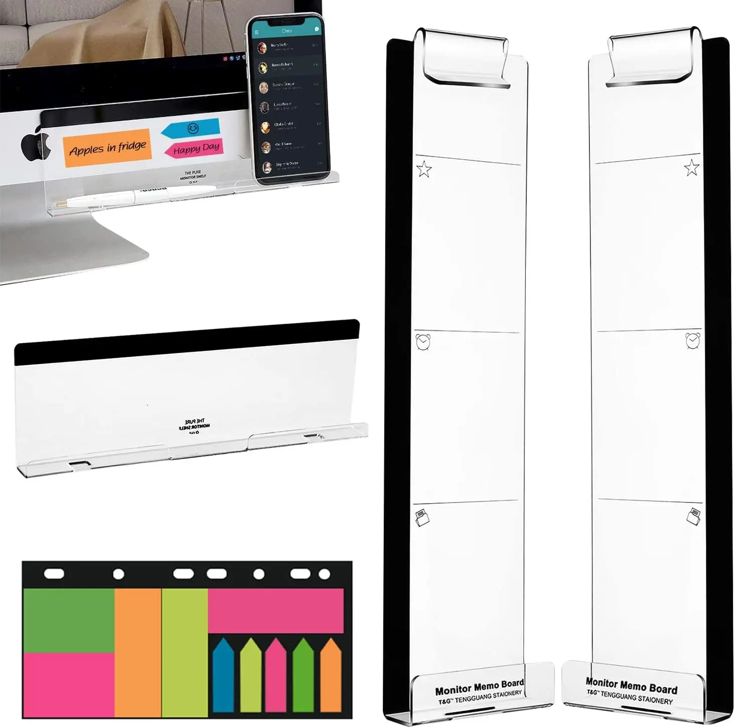 Memo Boards for Computer, Set of 3 (Left & Right & Bottom) Multifunction  Screen Message Reminder Pad Side Panels Phone Holder - Utility Organizer for Office Desktop, with Sticky Notes