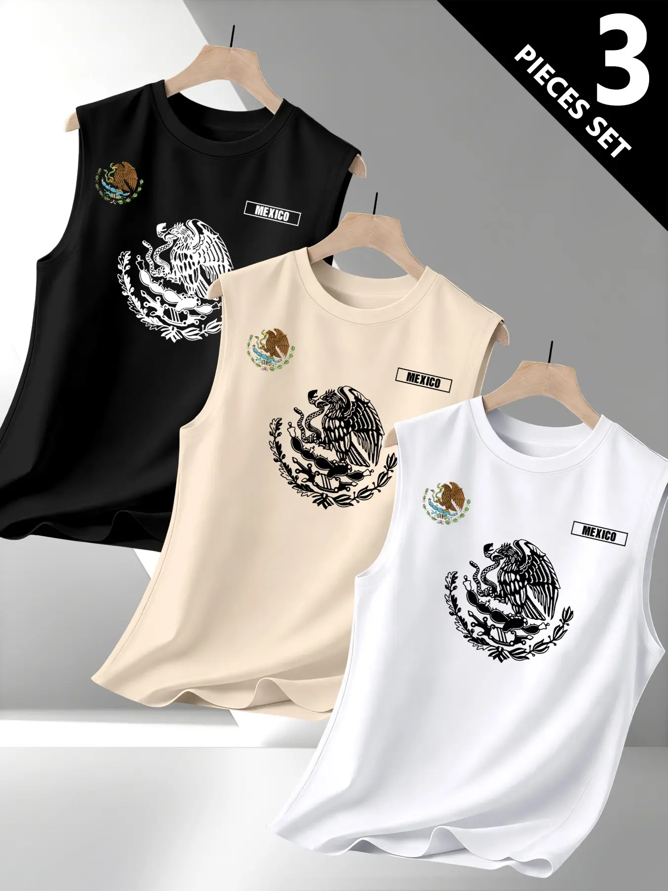 Men's Mexican Eagle Snake Emblem Graphic Flag Print Round Neck Vest, Tank Top, Leisure Sleeveless, 3 Pack Casual Fashion T-Shirts, Comfortable and Stylish Daily Wear, Muscle Tank Tops, Fitted Tanks