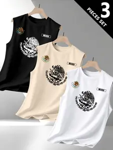 Men's Mexican Eagle Snake Emblem Flag Print Round Neck Vest, Tank Top, 3 Pack Casual Fashion T-Shirts, Comfortable and Stylish Daily Wear