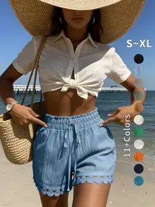 Women's Linen Shorts, Casual High-Waisted Wide-Leg Drawstring Beach Pants, Lace Trim Tie Waist, Home Wear Lounge Shorts, 11 Colors Available