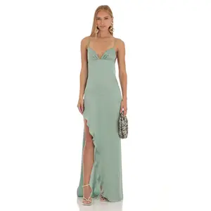 Lucy In The Sky Satin Ruffle Maxi Dress in Sage