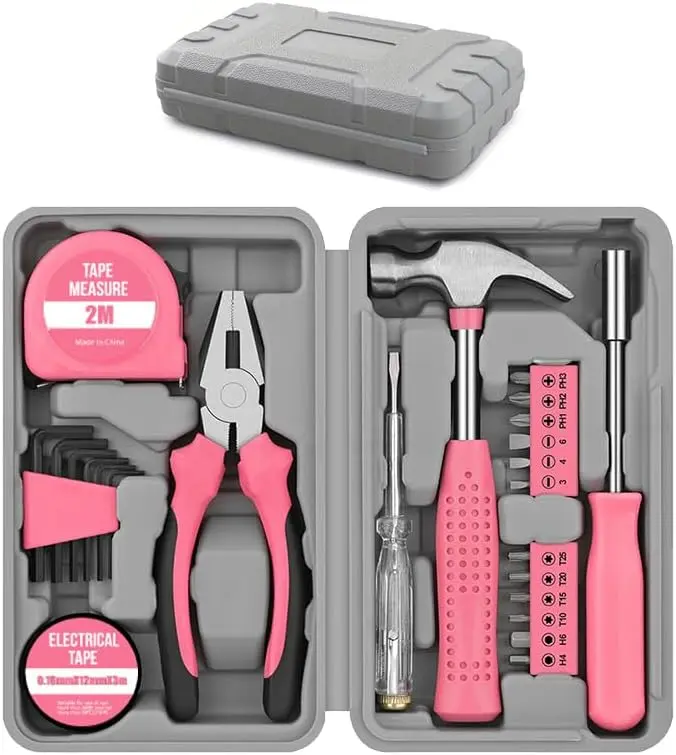 Women's 24-Piece Pink Complete Hardware Kit - Compact Mini Entry-Level Easy DIY Basics Tool Combo Kit, Includes Hammer, Pliers, Screwdriver, Portable Hand Tools for Home Use, Ideal DIY Toolbox Gift, Multi Tool Kit, Work Tool Kit