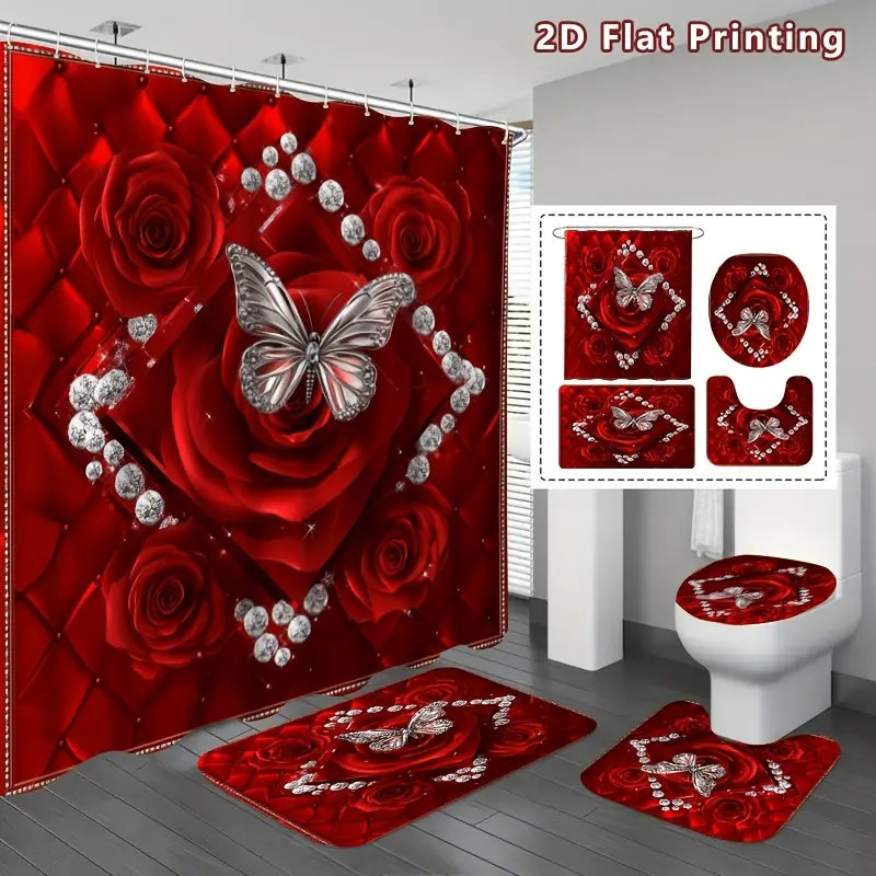 4pcs 2D Flat Red Rose Butterfly Shower Curtain Set, Red Velvet Romantic Bathroom Decor, Accessories with Bath Mat, U-shaped Mat, Toilet Lid Cover, 12 Hooks , Romantic Gift, Home Decor, Bathroom Accessories