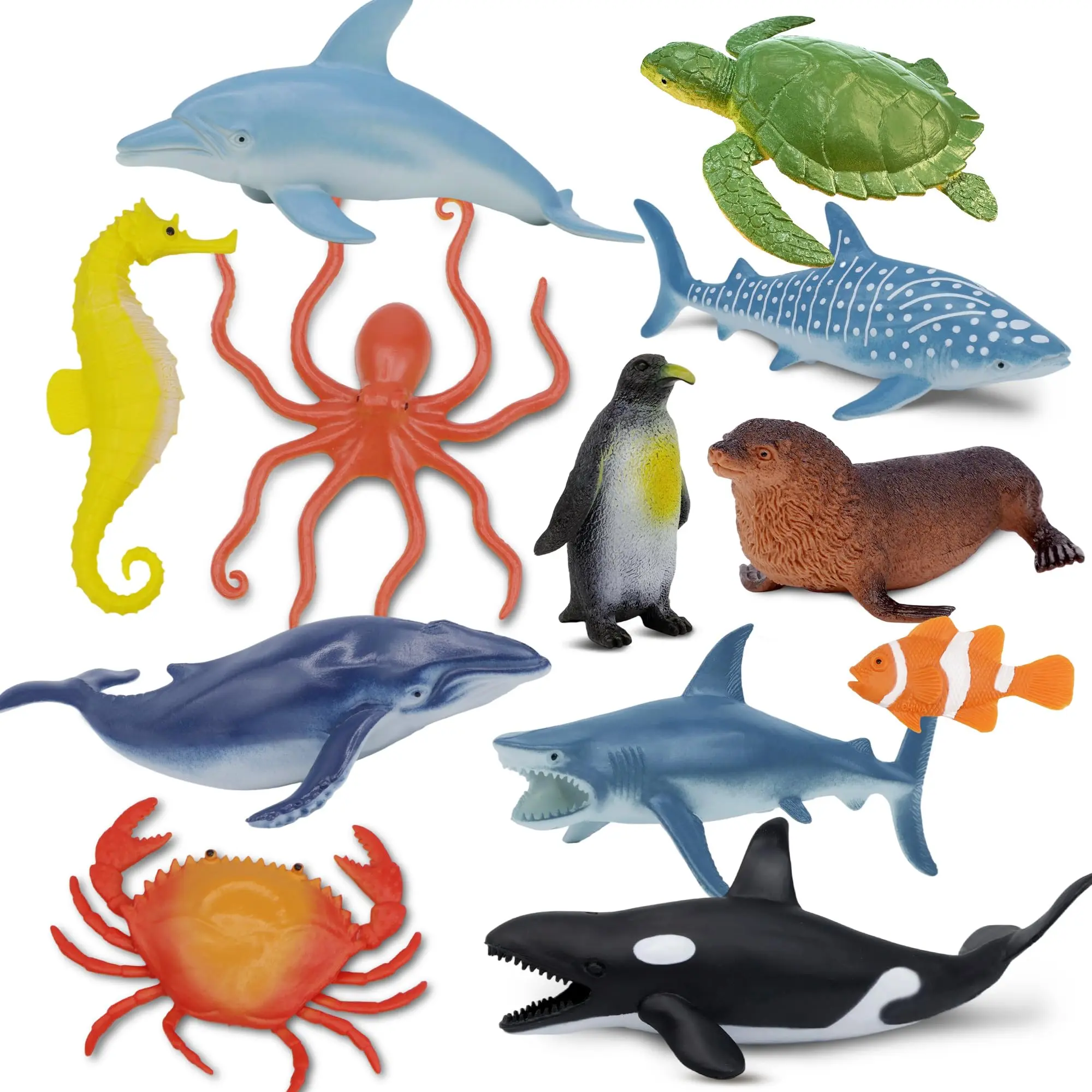 Ocean Sea Life Toy Figures Set for Kids, 12 PCS Realistic Marine Animals with Shark, Dolphin, Sea Turtle, Penguin, Seal, Clownfish, Crab, Ocean Animal Figure Toys for Boys Girls Toddlers,Birthday Gifts, Christmas